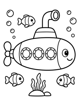 Free printable Cute Cartoon Submarine Underwater coloring page