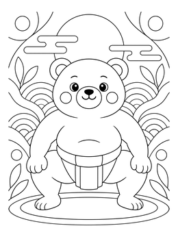 A cute cartoon bear squats in this sumo wrestling coloring page with wave patterns.