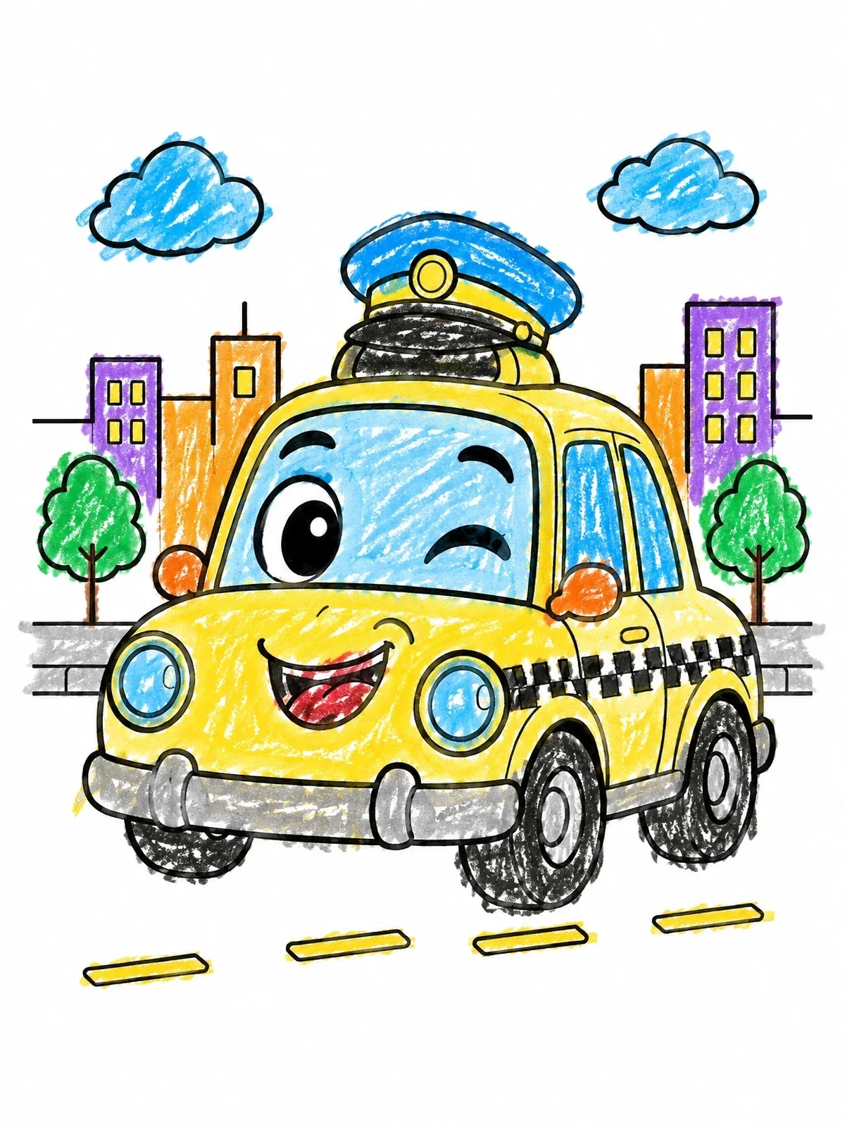 Colored example of the Happy Winking Cartoon Taxi Cab coloring page