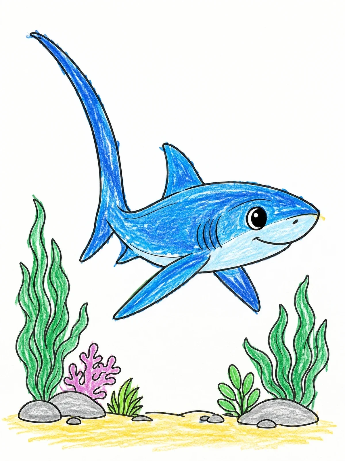 Colored example of the Cute Cartoon Thresher Shark Swimming coloring page