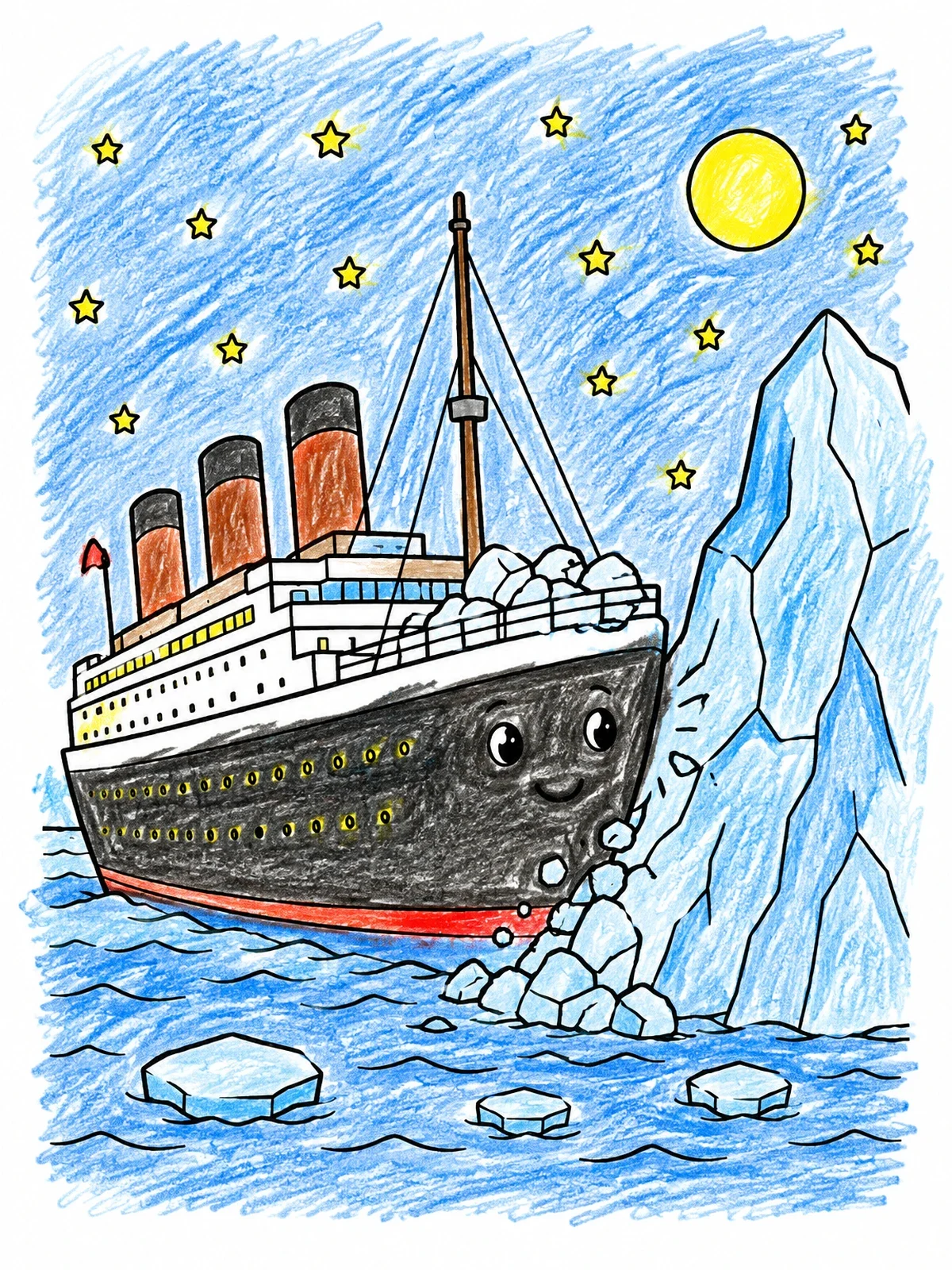 Colored example of the Cute Cartoon Titanic And Iceberg coloring page