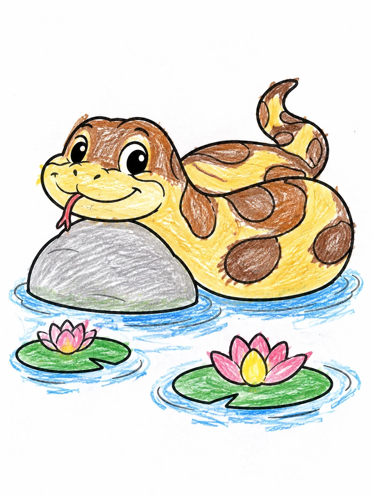 Colored example of the Cute Cartoon Titanoboa On River Stone coloring page