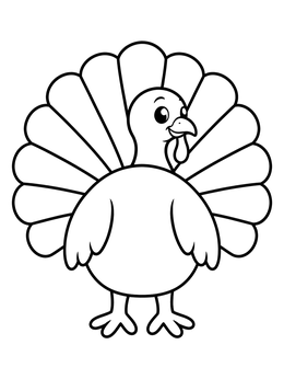 A cheerful cartoon turkey coloring page with wide tail feathers and simple outlines.