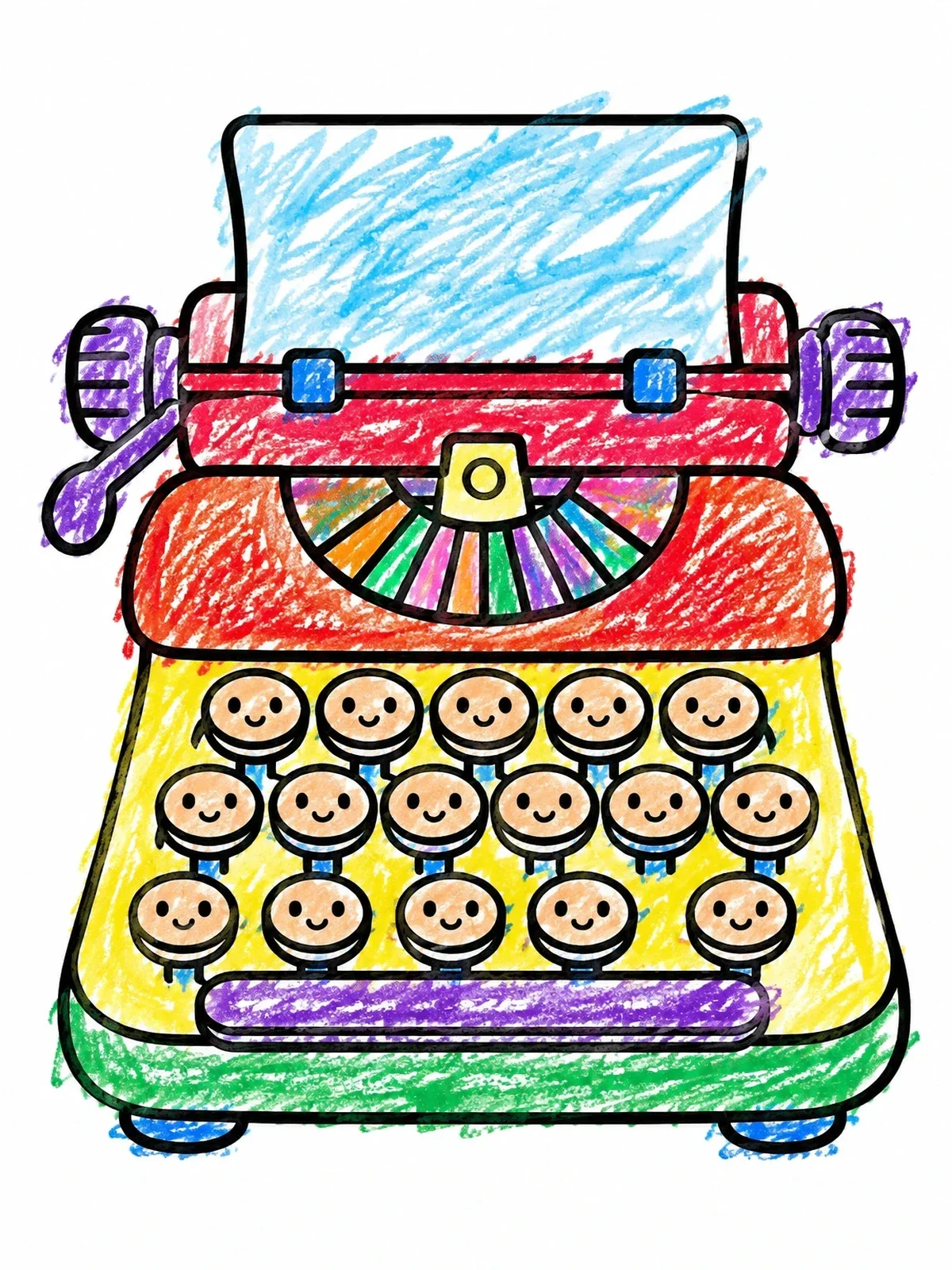 Colored example of the Cute Cartoon Typewriter With Faces coloring page