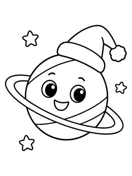 A cheerful uranus coloring page showing the ringed planet wearing a festive Santa hat among stars.