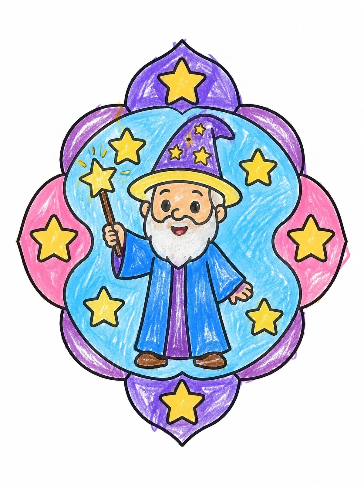 Colored example of the Cute Cartoon Wizard With Magic Wand coloring page