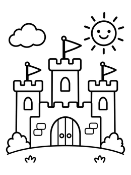 Free printable Cute Castle With Smiling Sun coloring page