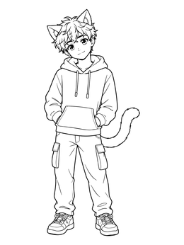 A smiling cat boy cute anime coloring page wearing a cozy hoodie.