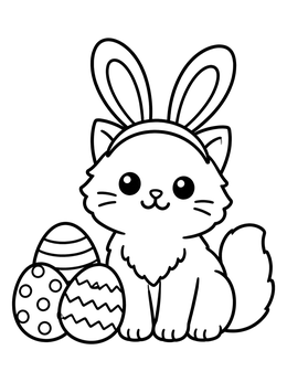 Free printable Cute Cat With Bunny Ears And Easter Eggs coloring page