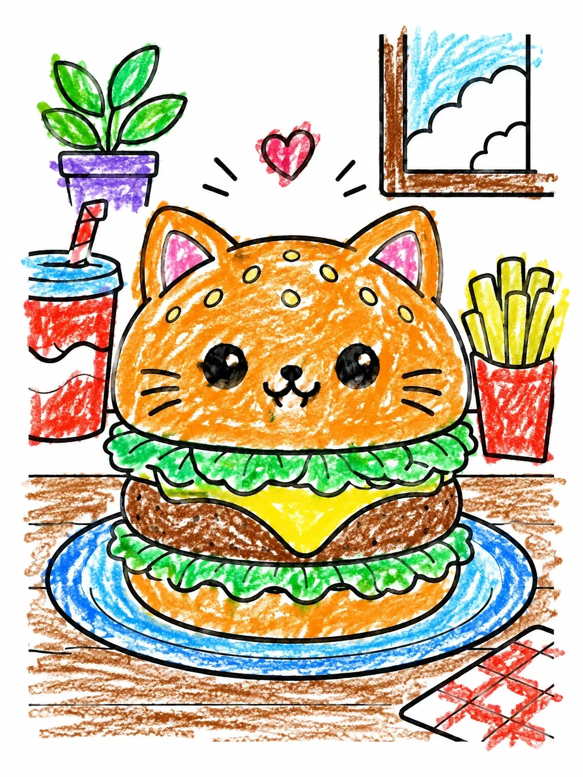 Colored example of the Cute Cat Burger With Fries And Drink coloring page