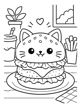 A cute food coloring page showing a happy cat burger on a plate with fries and a drink.