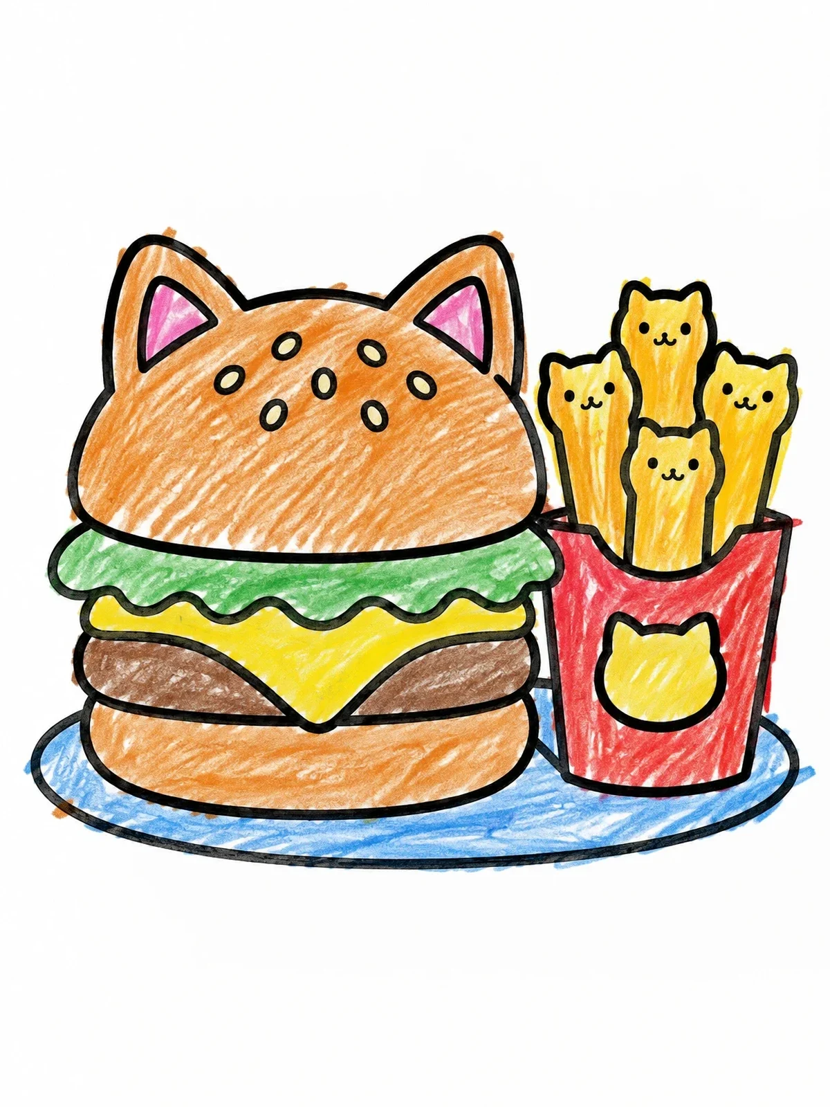 Colored example of the Cute Cat Burger And Fries Meal coloring page