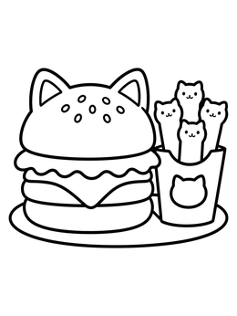 Free printable Cute Cat Burger And Fries Meal coloring page