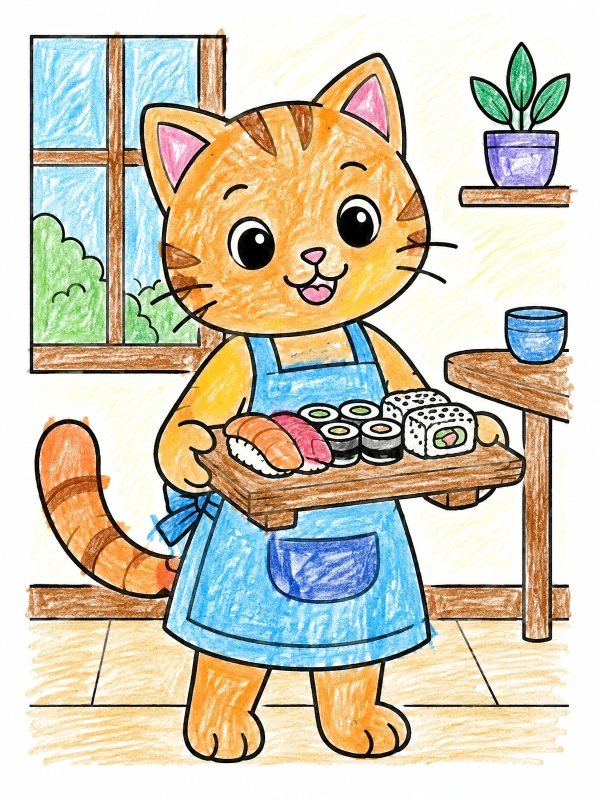 Colored example of the Cute Cat Chef Serving Sushi coloring page