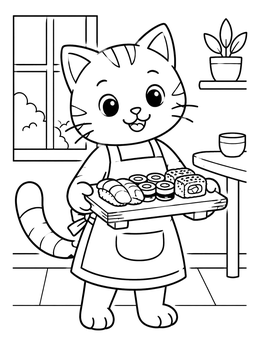 A cute cat chef serves a platter of rolls on this sushi coloring page.