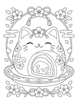 A mochi coloring page featuring a smiling cat-shaped rice cake cut open with sweet filling.