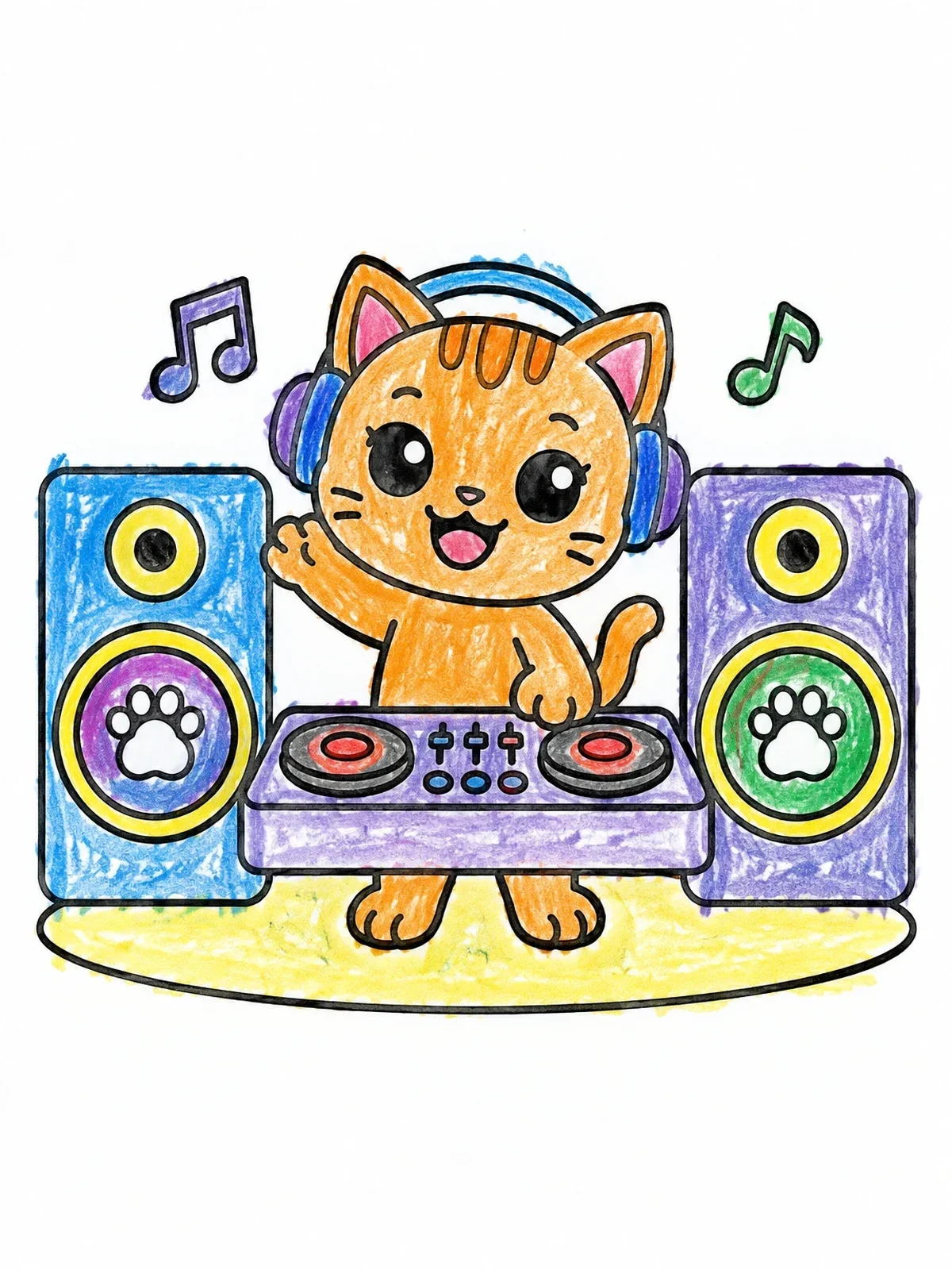 Colored example of the Cute Cat Dj Mixing Music coloring page