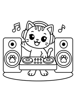 Free printable Cute Cat Dj Mixing Music coloring page