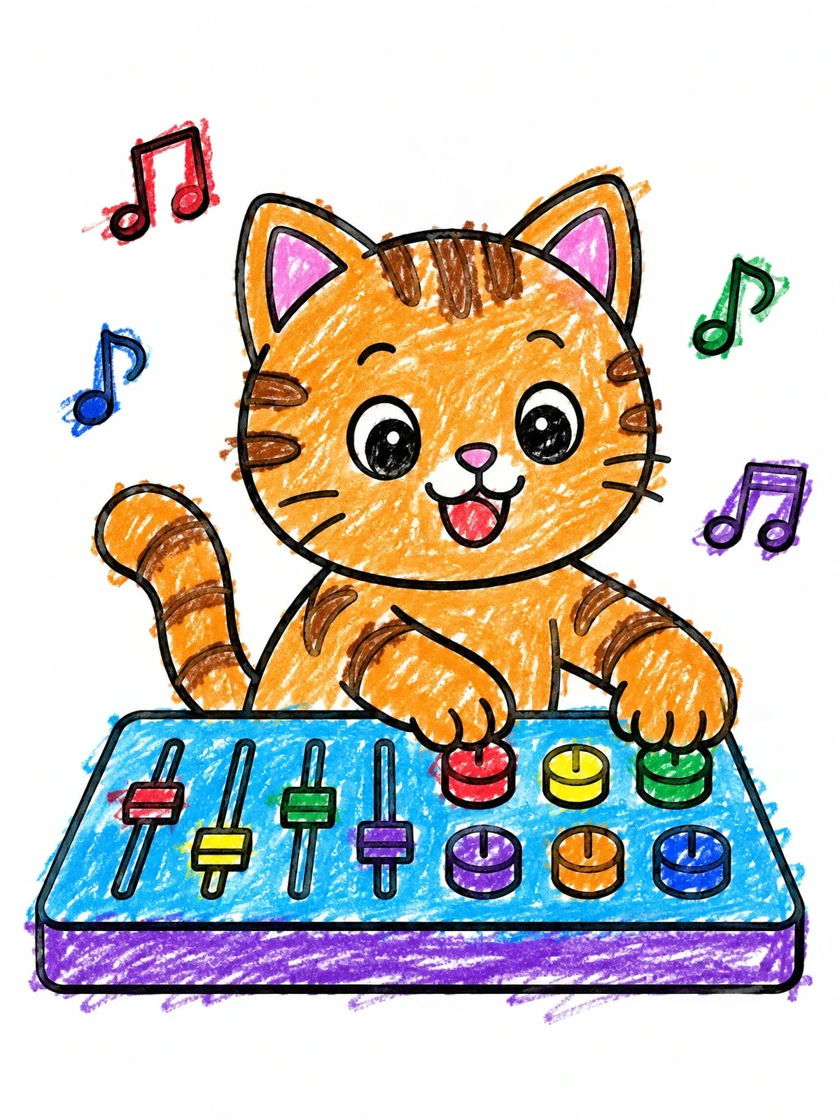 Colored example of the Cute Cat Dj Mixing Music coloring page