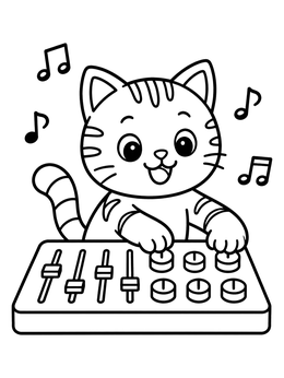 Free printable Cute Cat Dj Mixing Music coloring page