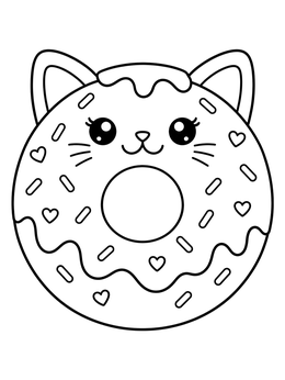A cute cat-shaped pastry in this donut coloring page with sprinkles and hearts.