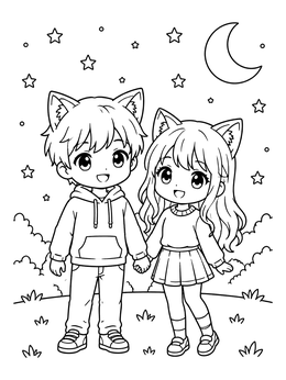 Free printable Cute Cat Ear Anime Couple Holding Hands coloring page