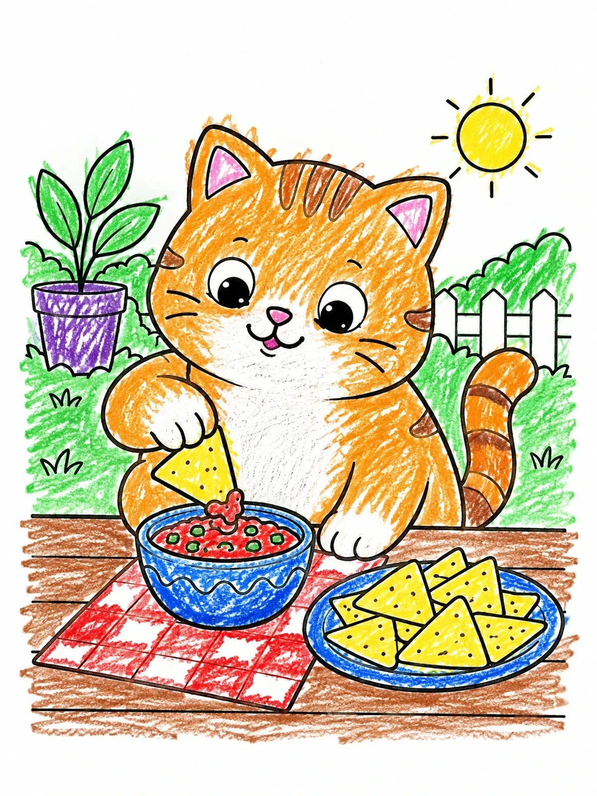 Colored example of the Cute Cat Eating Chips And Dip coloring page