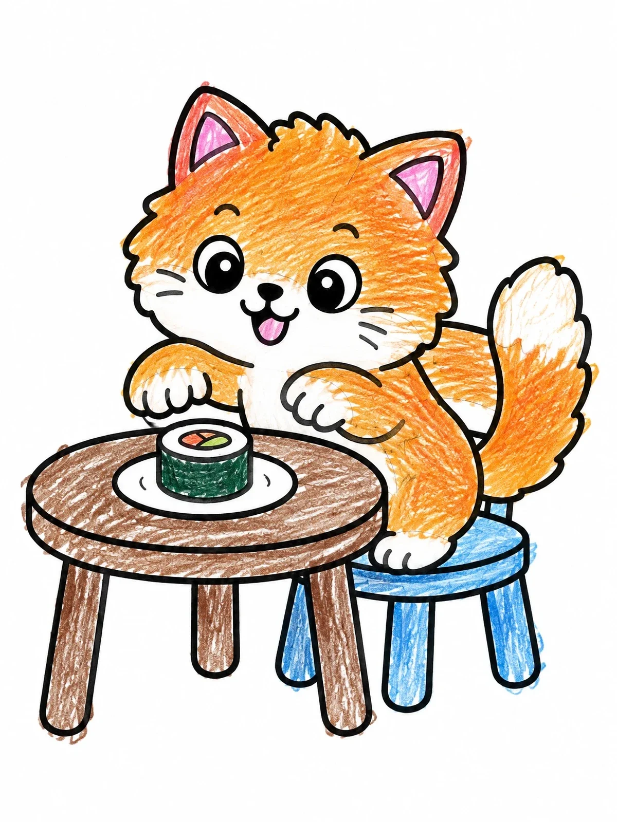 Colored example of the Cute Cat Eating Maki Sushi coloring page