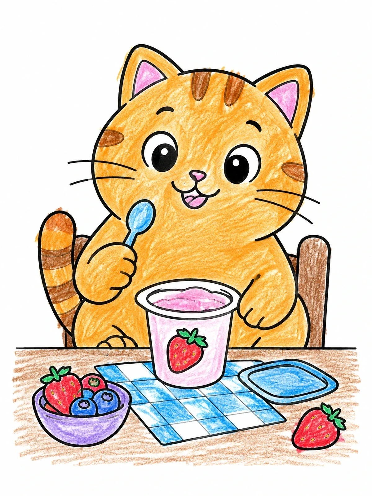 Colored example of the Cute Cat Eating Strawberry Yogurt coloring page
