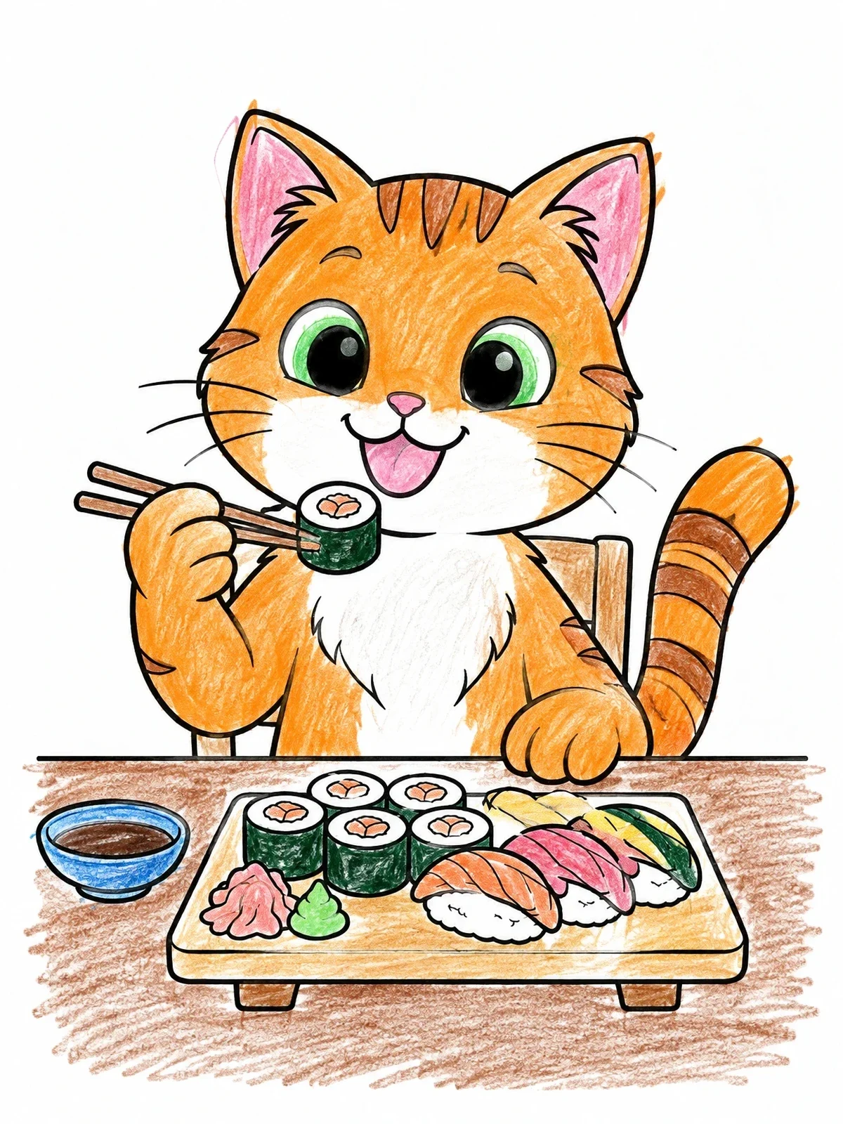 Colored example of the Cute Cat Eating Sushi Platter coloring page
