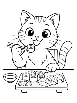 A cheerful cartoon kitten with chopsticks in this sushi coloring page.
