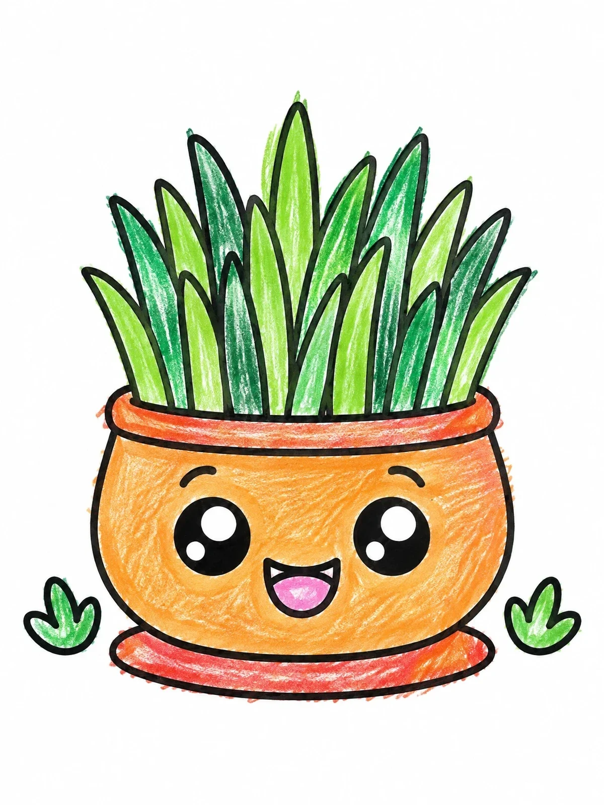 Colored example of the Cute Cat Grass Plant Pot coloring page