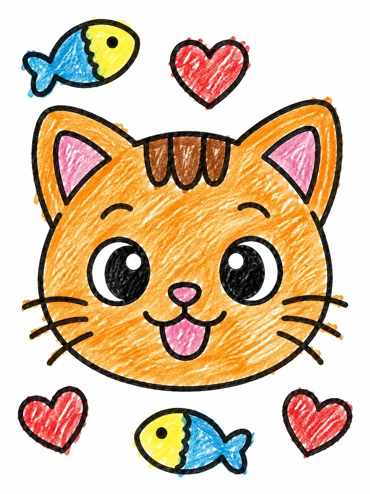 Colored example of the Cute Cat With Hearts And Fish coloring page