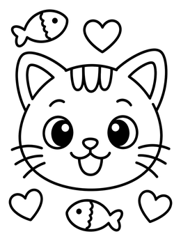 Free printable Cute Cat With Hearts And Fish coloring page