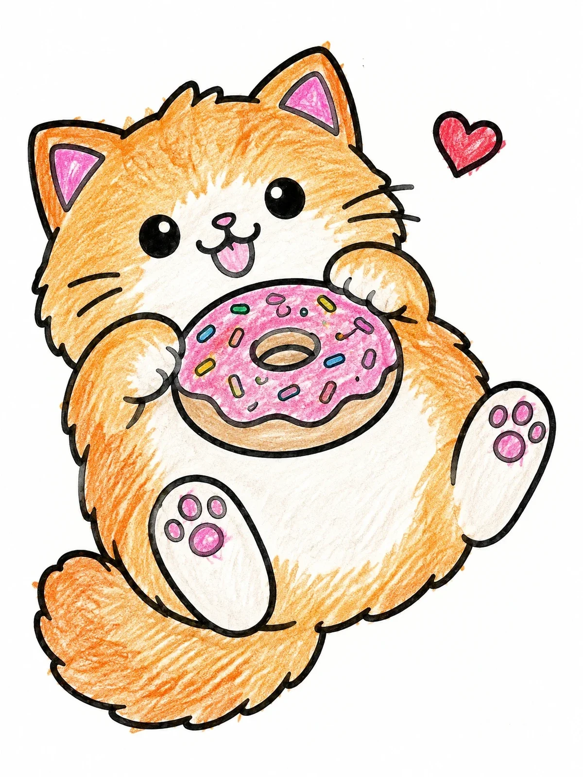 Colored example of the Cute Cat Holding Sweet Donut coloring page