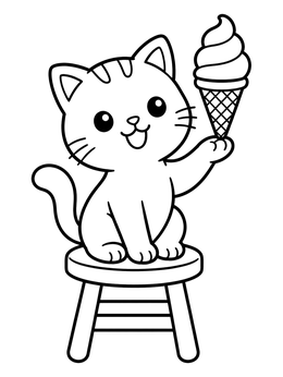 A happy kitten sits on a stool holding a soft serve cone in this ice cream coloring page.
