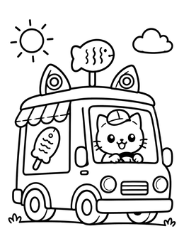 Free printable Cute Cat Driving Ice Cream Van coloring page