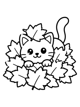 Free printable Cute Cat In Autumn Leaves coloring page