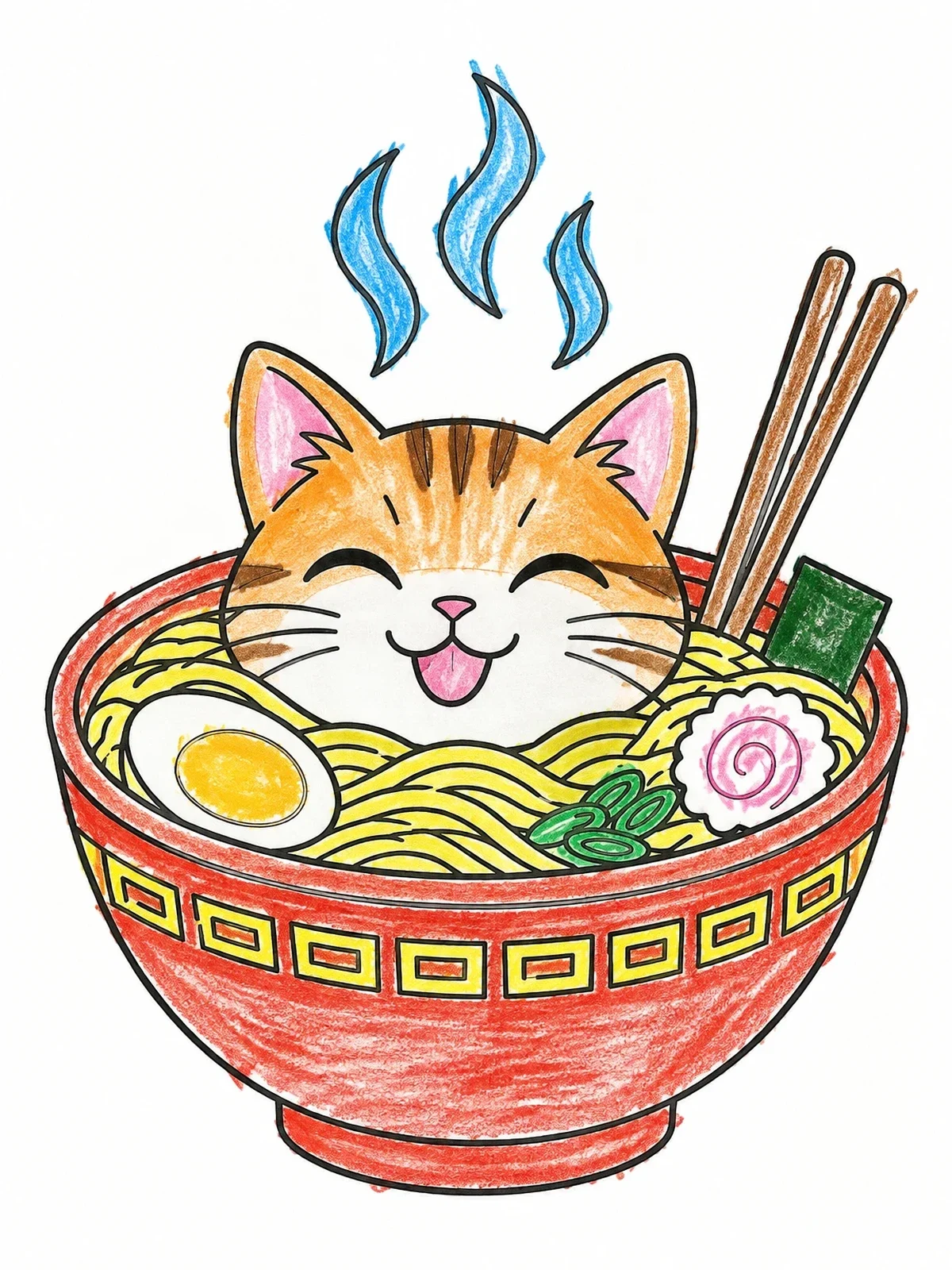 Colored example of the Cute Cat In A Ramen Bowl coloring page