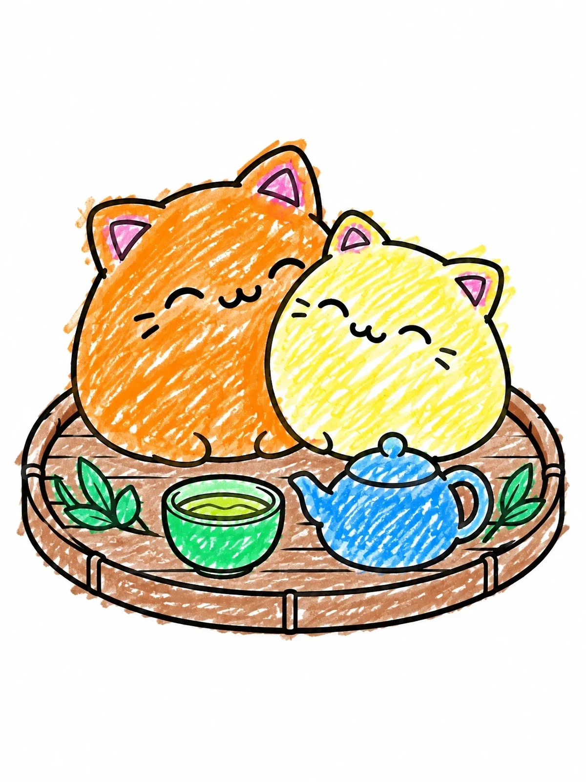 Colored example of the Cute Cat Mochi And Tea Platter coloring page