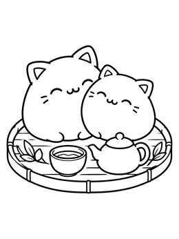 Free printable Cute Cat Mochi And Tea Platter coloring page