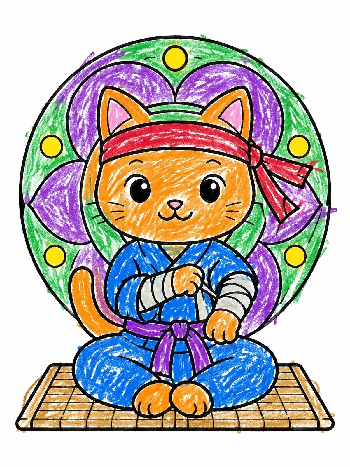 Colored example of the Cute Ninja Cat On Tatami Mat coloring page