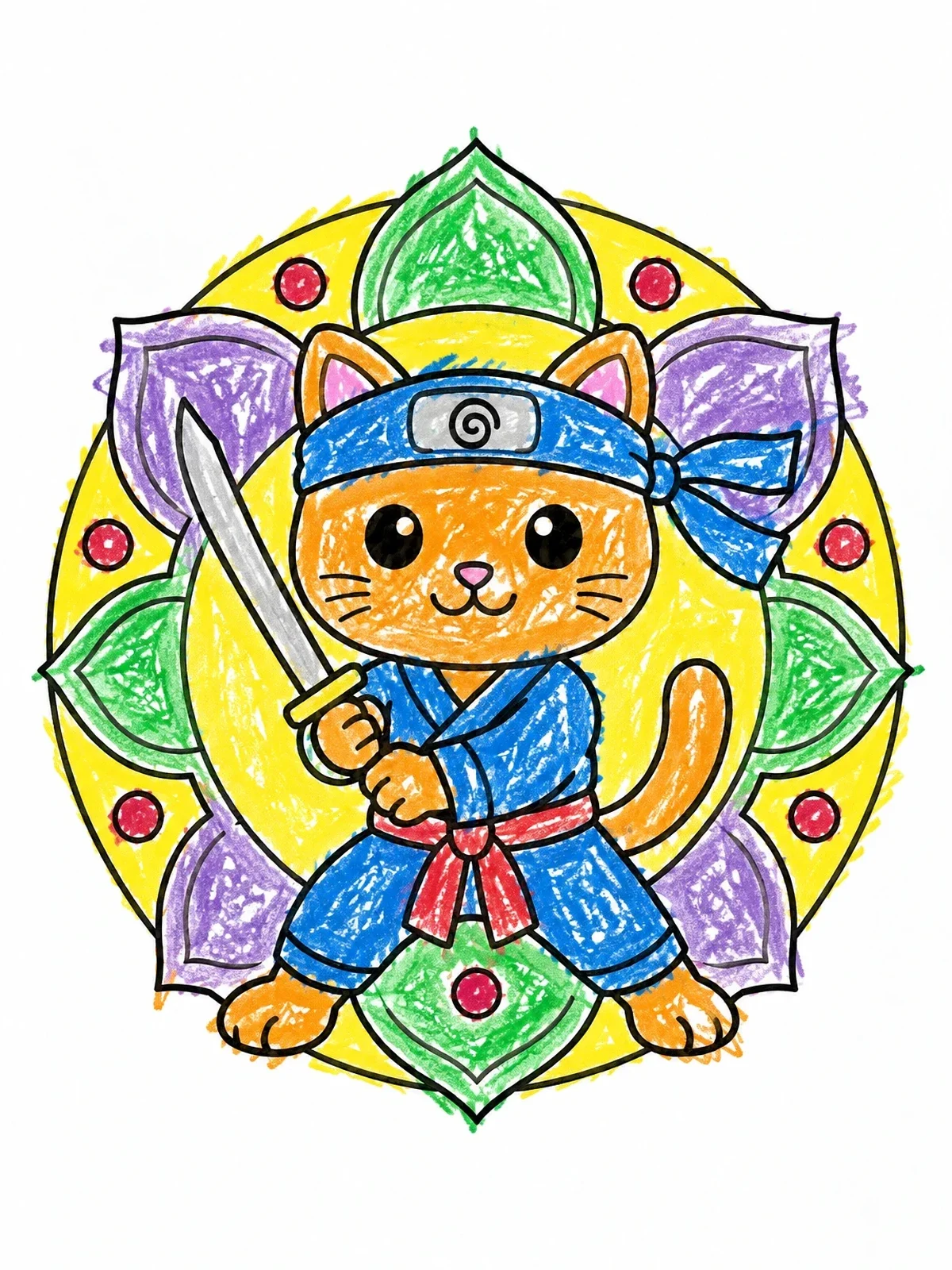 Colored example of the Cute Cat Ninja With Sword coloring page