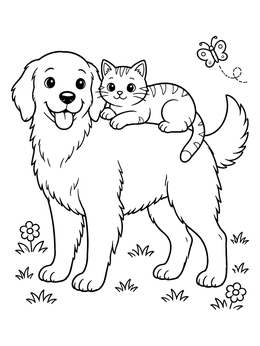 A sweet puppy and kitten rest together in this dog coloring page with a butterfly.