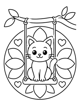 Free printable Cute Cat On A Tree Swing coloring page