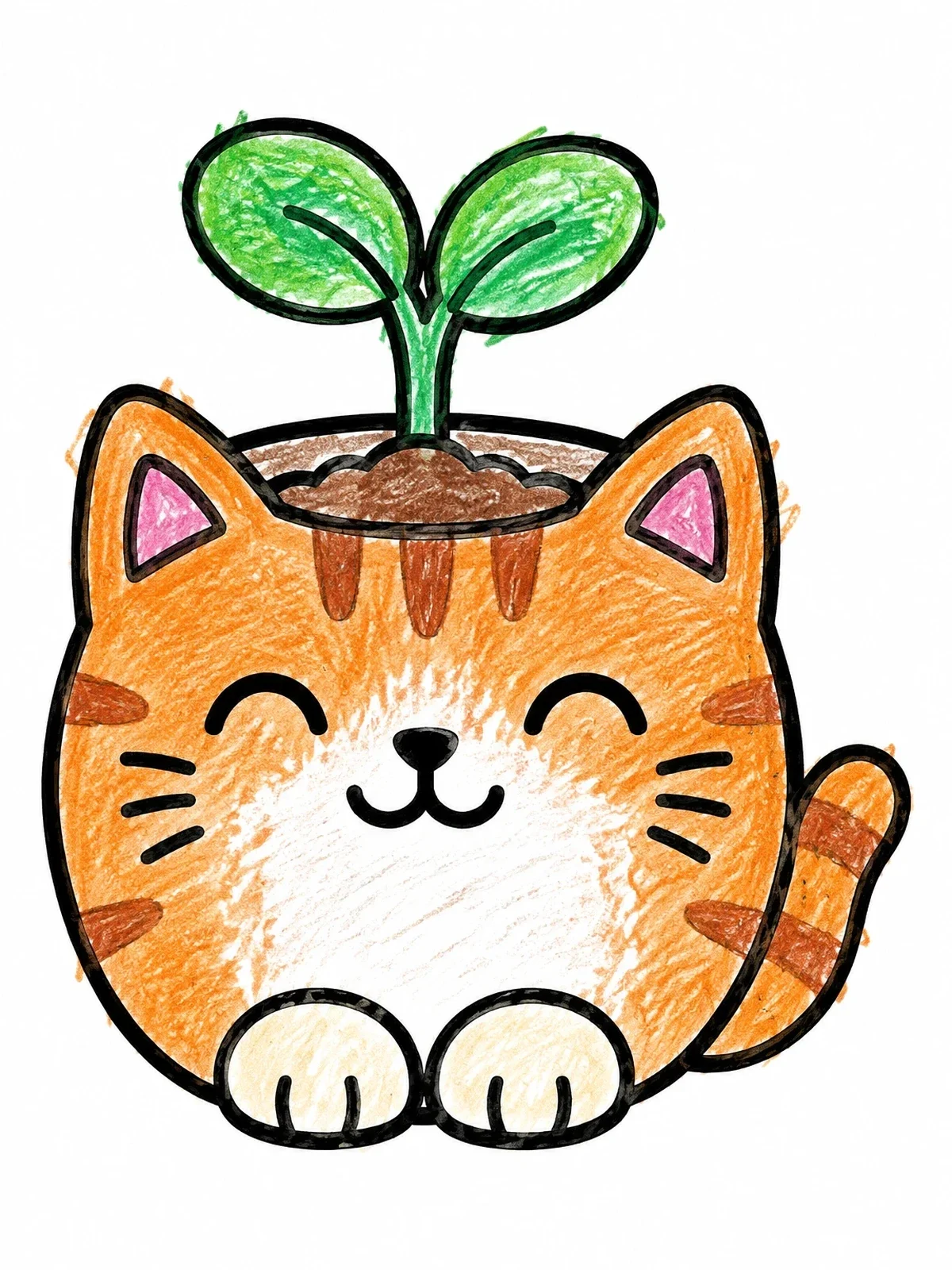 Colored example of the Cute Cat Planter With Sprout coloring page