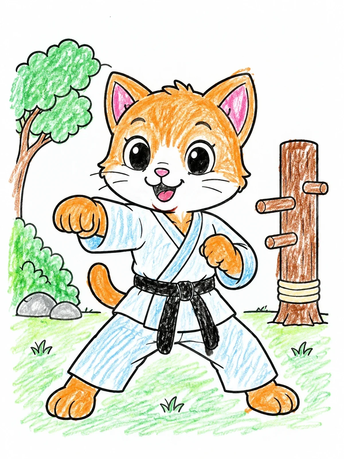 Colored example of the Cute Cat Practicing Karate Punch coloring page