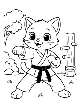 Free printable Cute Cat Practicing Karate Punch coloring page