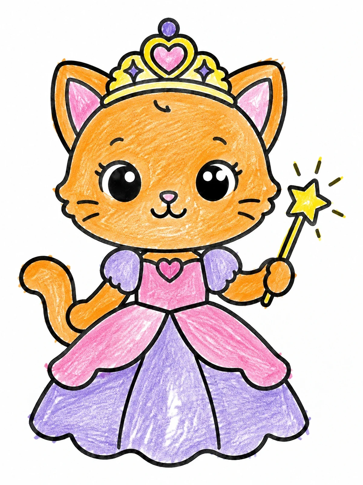 Colored example of the Cute Cat Princess With Wand coloring page