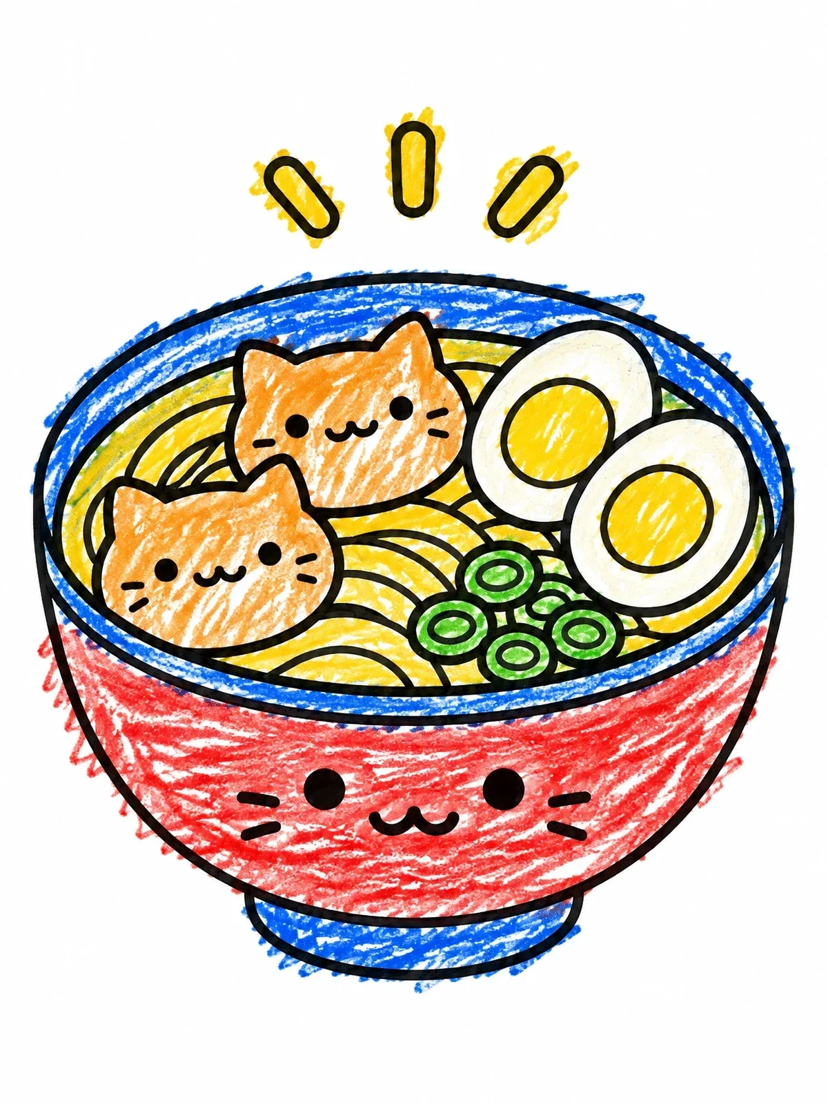 Colored example of the Cute Cat Ramen Noodle Bowl coloring page